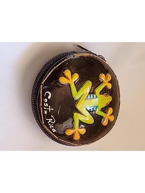 Polidlshed Coconut Shell Brown, Green Frog Hand Painted Artsy Purse Coins, Zip